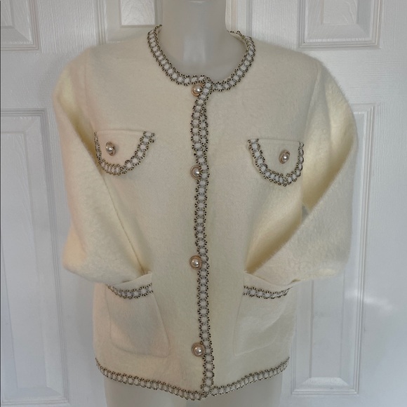ELEGANT ITALIAN STYLE WHITE & GOLD TWEED KNIT PEARL ACCENTS CARDIGAN JACKET SZ M - Picture 4 of 9